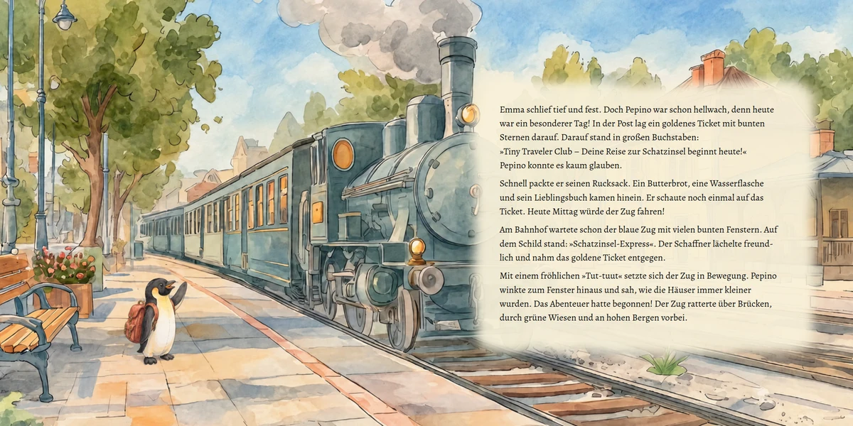 Doppelseite 1: Pepino am Bahnhof neben der dampfenden blauen Lokomotive; rechts das Textfeld