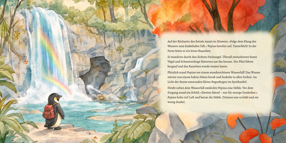 Doppelseite 6: Pepino steht am Wasser vor einem rauschenden Wasserfall mit Regenbogen im grünen Inselwald; rechts das Textfeld