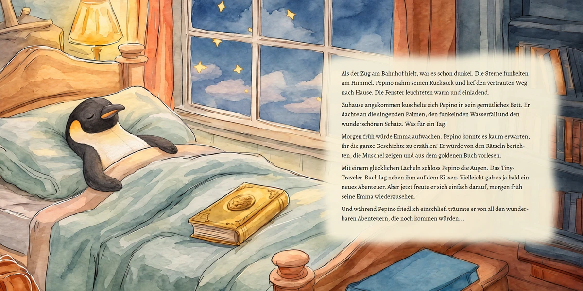 Doppelseite 13: Pepino schläft in seinem Bett, neben ihm das goldene Buch, draußen leuchten Sterne; rechts das Textfeld