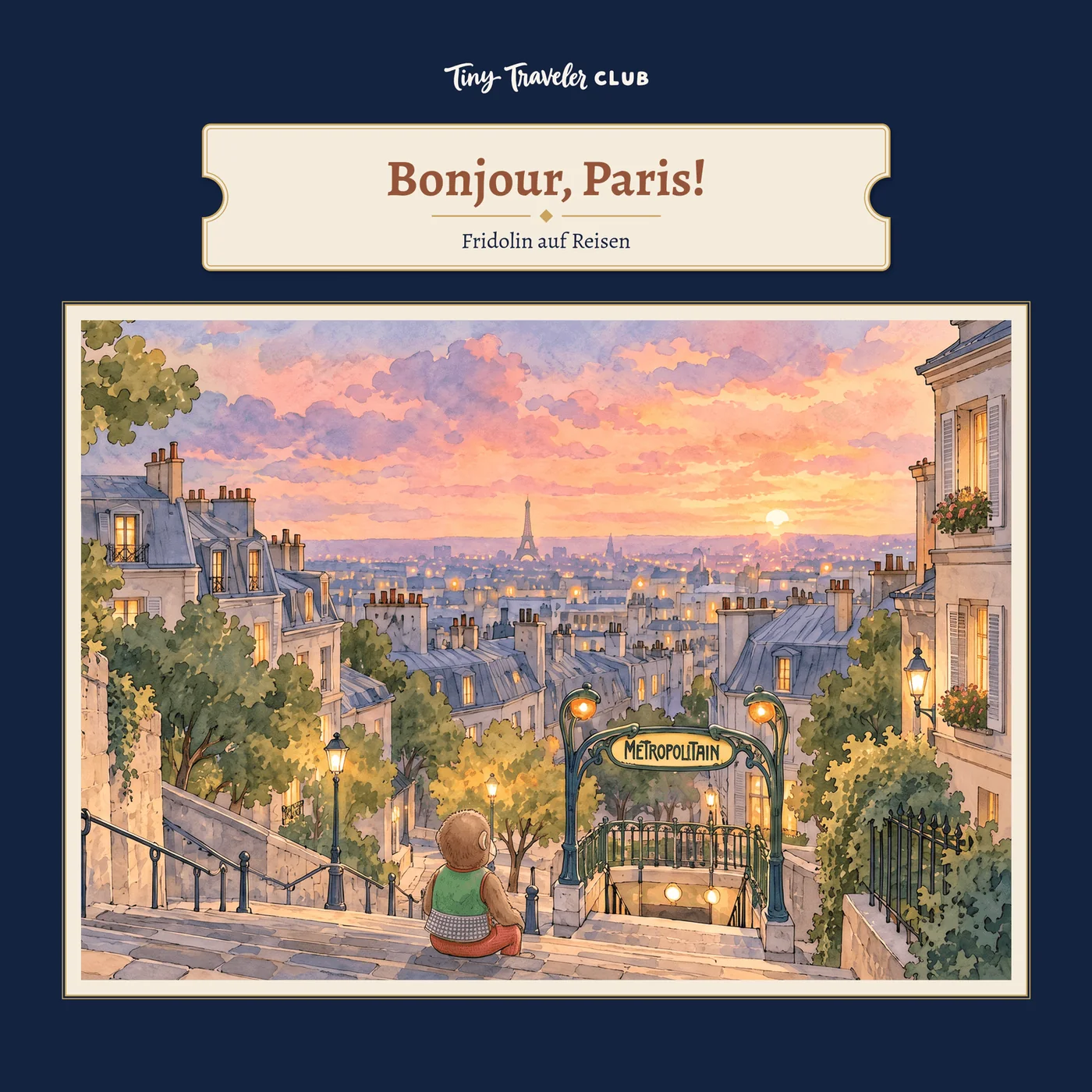 Umschlag des Kinderbuchs „Bonjour, Paris!“ mit dem Beispielhelden Fridolin